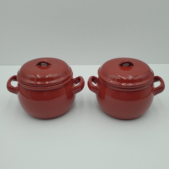 Oneida Kitchen Covered Red Soup Crocks Lidded Handled Chowder Chili Soup Bowls - Picture 2 of 6